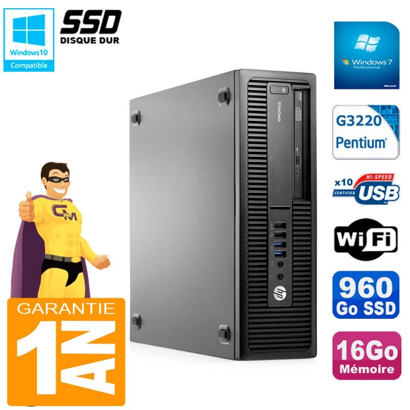 Ordinateur de bureau HP EliteDesk 800 G1 (Small Form Factor) - Intel Pentium G3220, 16 Go de RAM, 960 Go SSD, Graveur DVD, WiFi, Windows 7 Professionnel