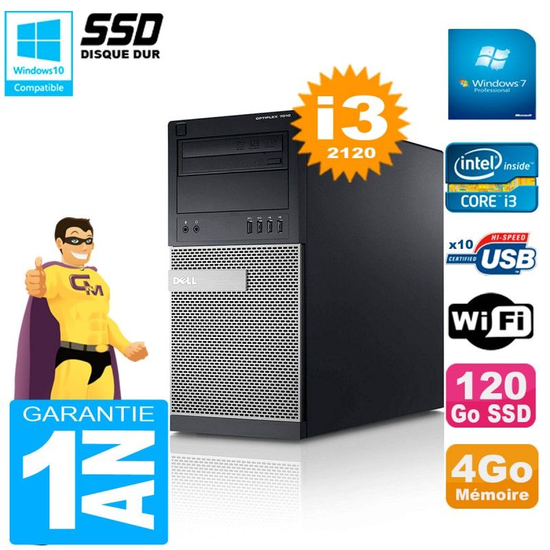 Dell Optiplex 7010 MT Desktop - Core i3-2120, 4GB RAM, 120GB SSD, Wi-Fi, Windows 7 Pro