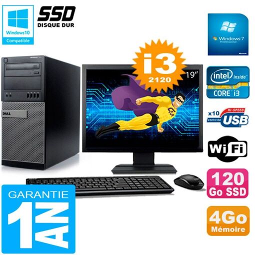 Dell Optiplex 7010 MT Tower - 19" Screen, Intel Core i3-2120, 4GB RAM, 120GB SSD, WiFi, Windows 7 Pro