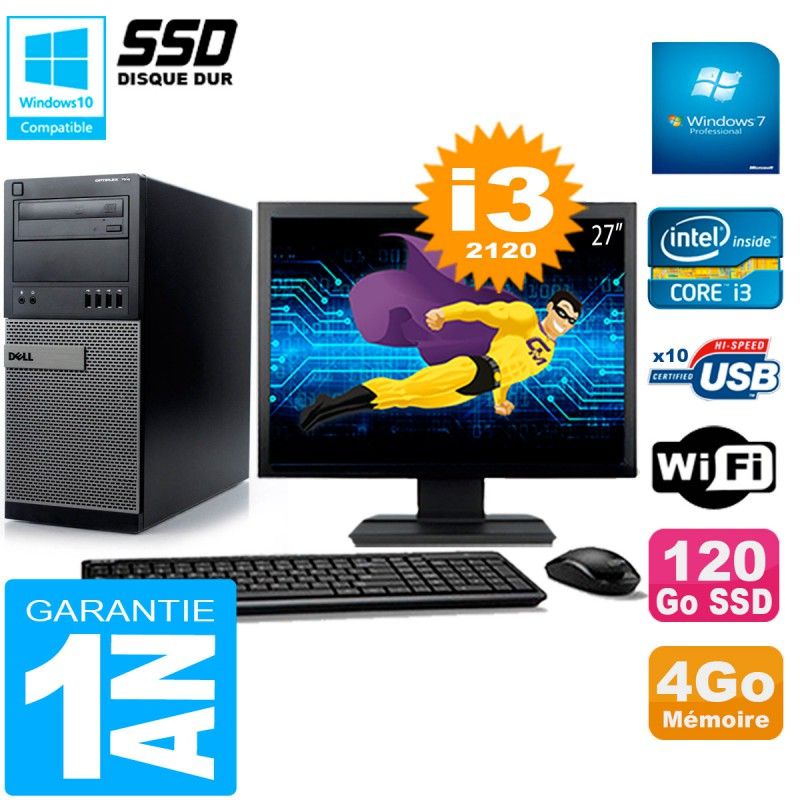 PC de escritorio Dell Optiplex 7010 - Pantalla de 27', Procesador Intel Core i3-2120, 4GB de RAM, SSD de 120GB, WiFi, Windows 7 Pro