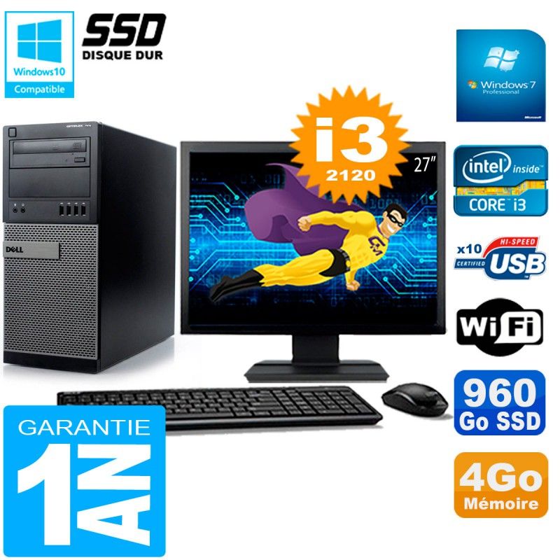 Dell Optiplex 7010 All-in-One PC - 27" Screen, Core i3-2120, 4GB RAM, 960GB SSD, WiFi, Windows 7 Pro