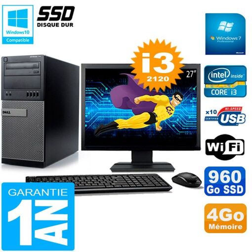 Dell Optiplex 7010 All-in-One PC - 27" Screen, Core i3-2120, 4GB RAM, 960GB SSD, WiFi, Windows 7 Pro