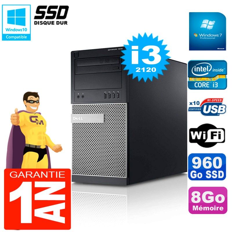 Dell Optiplex 7010 MT Desktop PC - Core i3-2120, 8GB RAM, 960GB SSD, WiFi, Windows 7 Pro