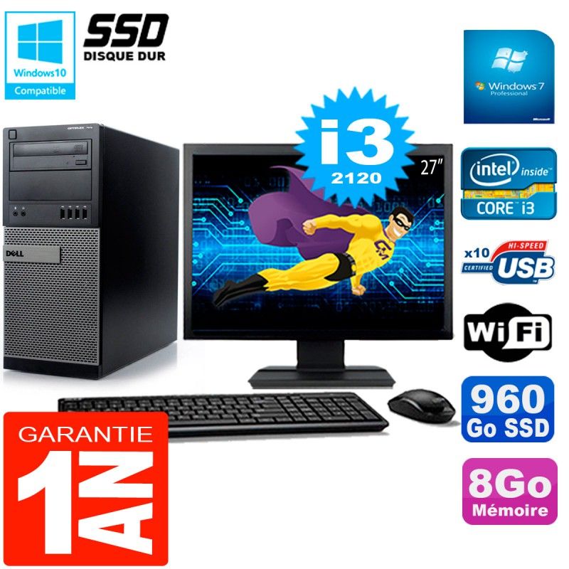 Dell Optiplex 7010 Tower - 27" Screen, Intel Core i3-2120, 8GB RAM, 960GB SSD, Wi-Fi, Windows 7 Pro