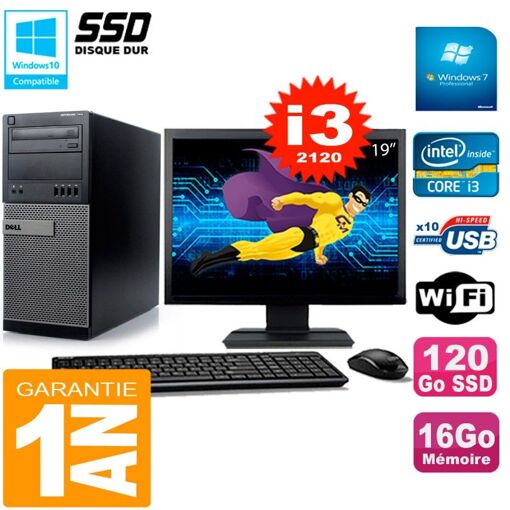 Dell Optiplex 7010 Tower PC - 19" Screen, Intel Core i3-2120, 16GB RAM, 120GB SSD, WiFi, Windows 7 Pro
