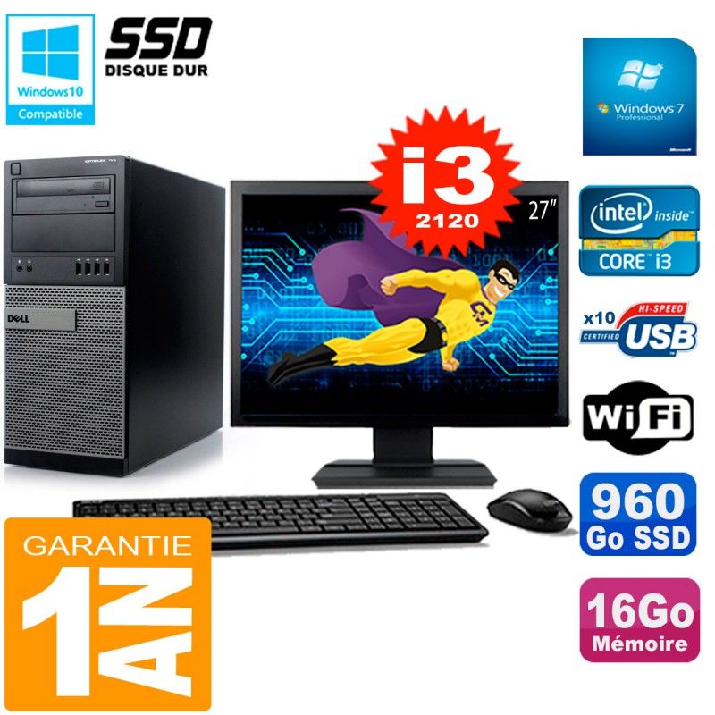 Dell Optiplex 7010 Tower PC - 27" Screen, Intel Core i3-2120, 16GB RAM, 960GB SSD, WiFi, Windows 7 Pro