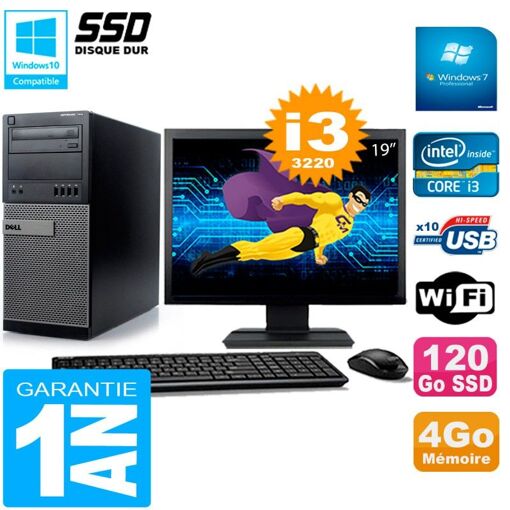 Dell Optiplex 7010 Desktop Computer, 19" Screen, Core i3-3220, 4GB RAM, 120GB SSD, WiFi, Windows 7 Pro