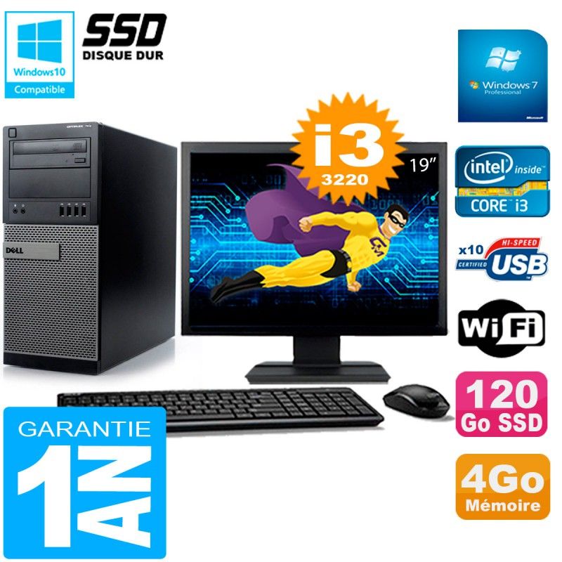 Dell Optiplex 7010 Desktop Computer, 19" Screen, Core i3-3220, 4GB RAM, 120GB SSD, WiFi, Windows 7 Pro