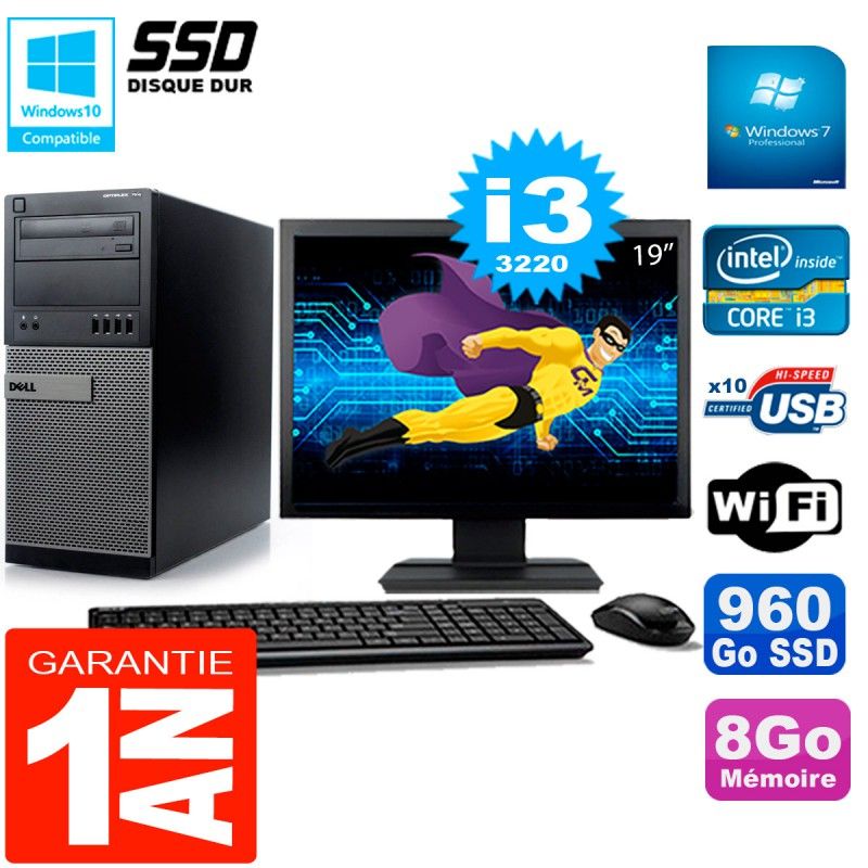 Dell Optiplex 7010 MT Desktop PC - 19" Screen, Intel Core i3-3220, 8GB RAM, 960GB SSD, WiFi, Windows 7 Pro