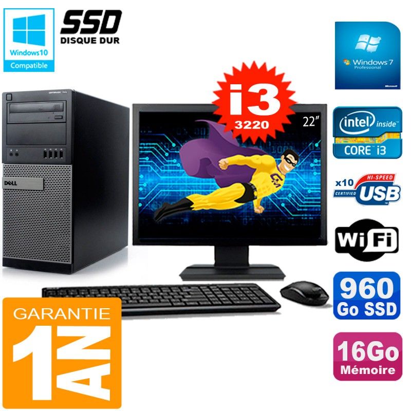 Dell Optiplex 7010 MT Desktop - 22" Screen, Intel Core i3-3220, 16GB RAM, 960GB SSD, WiFi, Windows 7 Pro