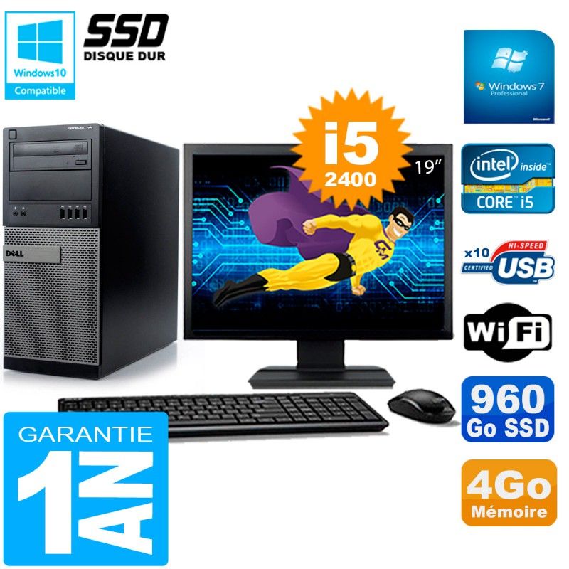 Dell Optiplex 7010 Desktop Computer, 19" Screen, Core i5-2400, 4GB RAM, 960GB SSD, WiFi, Windows 7 Pro