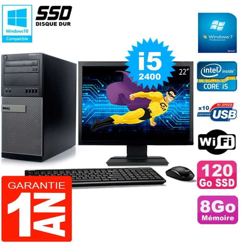 Dell Optiplex 7010 Desktop Computer, 22" Screen, Intel Core i5-2400, 8GB RAM, 120GB SSD, WiFi, Windows 7 Pro