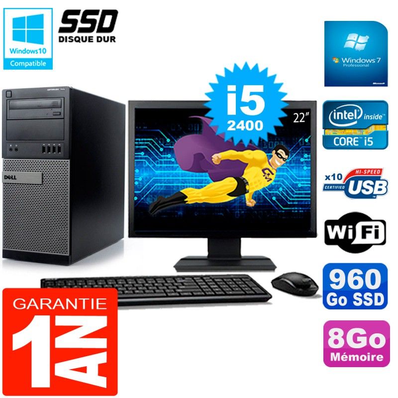 Dell Optiplex 7010 Desktop Computer, 22" Screen, Core i5-2400, 8GB RAM, 960GB SSD, WiFi, Windows 7 Pro
