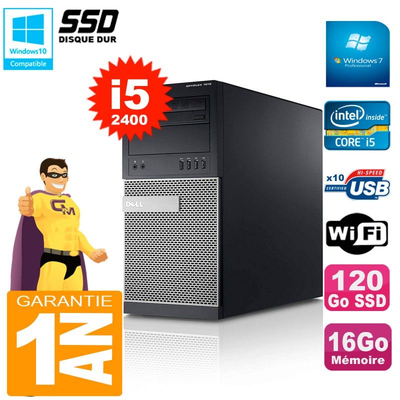 Dell Optiplex 7010 MT Tower - Intel Core i5-2400, 16GB RAM, 120GB SSD, WiFi, Windows 7 Pro