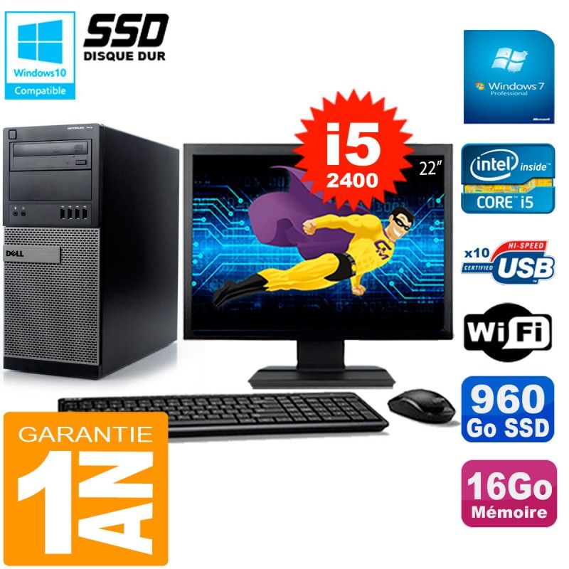 Dell Optiplex 7010 Desktop Computer, 22" Screen, Core i5-2400, 16GB RAM, 960GB SSD, WiFi, Windows 7 Pro