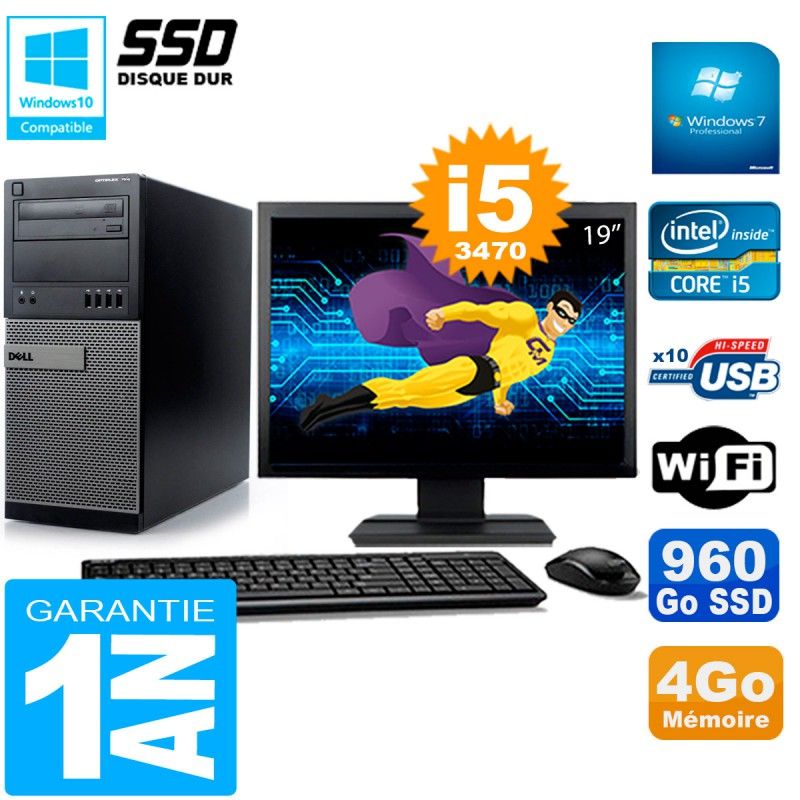 Dell Optiplex 7010 Desktop - 19" Screen, Intel Core i5-3470, 4GB RAM, 960GB SSD, WiFi, Windows 7 Pro