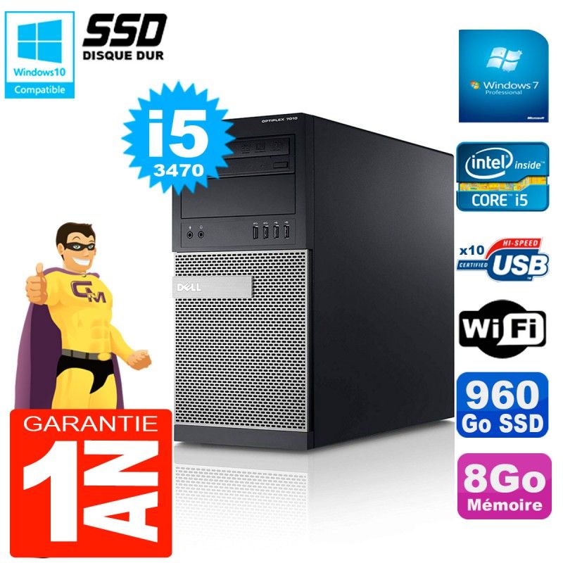 Dell Optiplex 7010 MT Desktop PC - Core i5-3470, 8GB RAM, 960GB SSD, WiFi, Windows 7 Pro