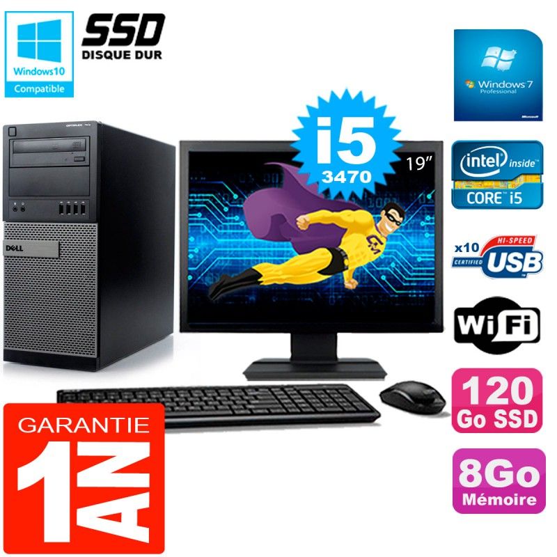 Dell Optiplex 7010 MT Desktop - 19" Screen, Core i5-3470, 8GB RAM, 120GB SSD, WiFi, Windows 7 Pro