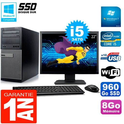 Computadora de escritorio Dell Optiplex 7010 MT - Pantalla de 22'', Procesador Intel Core i5-3470, 8 GB de RAM, 960 GB SSD, WiFi, Windows 7 Profesional