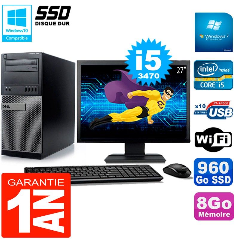 Dell Optiplex 7010 Tower - 27" Display, Intel Core i5-3470, 8GB RAM, 960GB SSD, WiFi, Windows 7 Pro