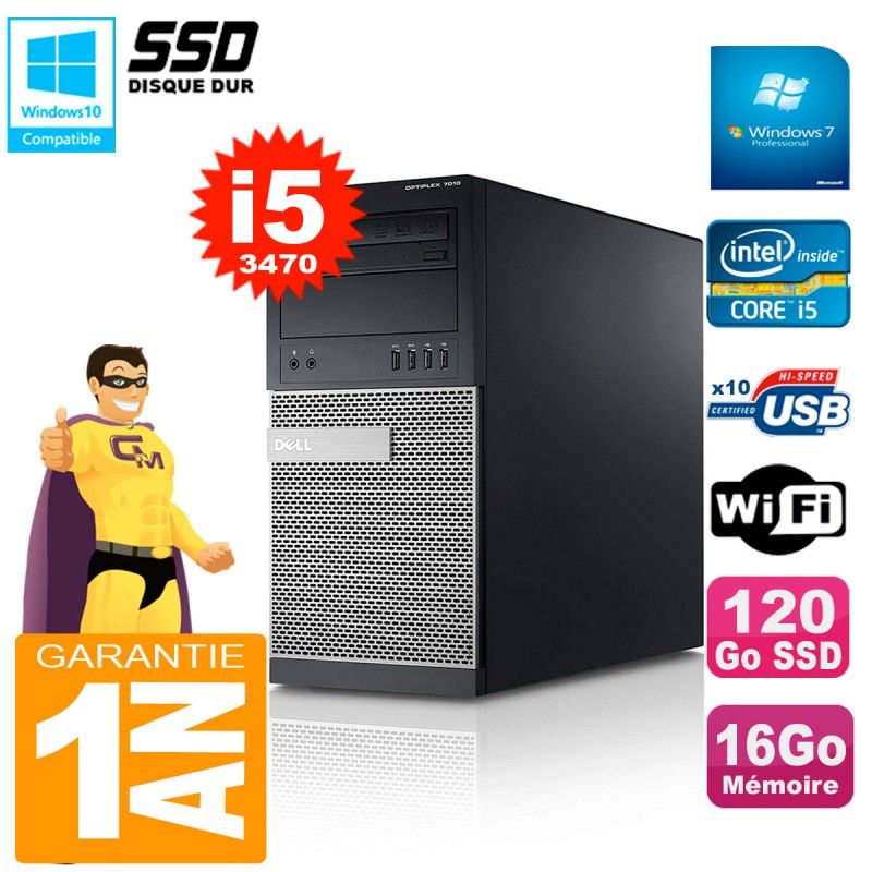 Dell Optiplex 7010 MT Desktop - Intel Core i5-3470, 16GB RAM, 120GB SSD, WiFi, Windows 7 Pro