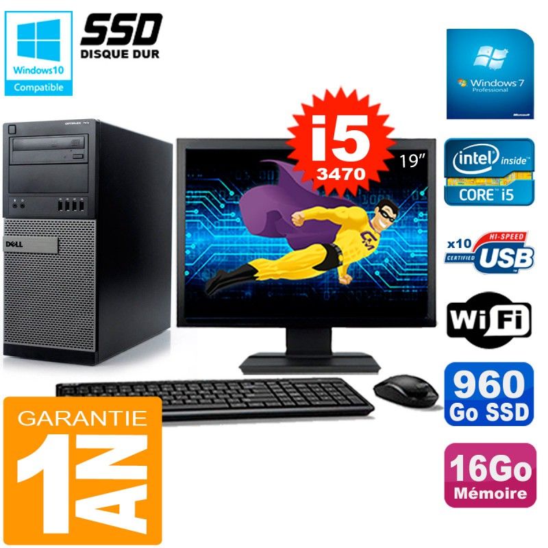 Dell Optiplex 7010 MT Desktop, 19" Screen, Core i5-3470, 16GB RAM, 960GB SSD, WiFi, Windows 7 Pro