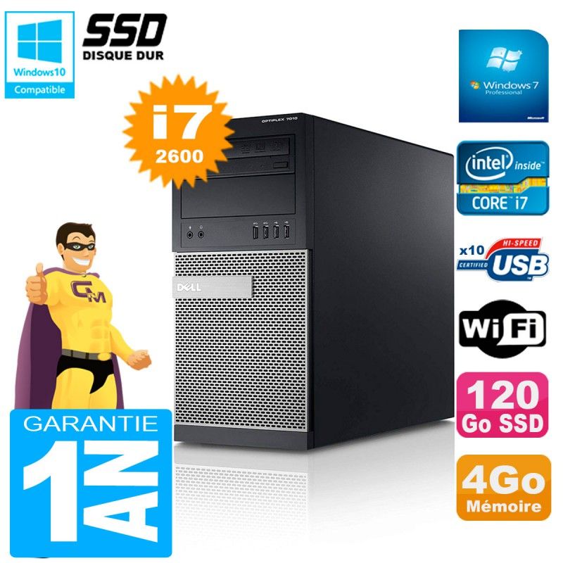 Dell Optiplex 7010 MT Desktop - Core i7-2600, 4GB RAM, 120GB SSD, WiFi, Windows 7 Pro
