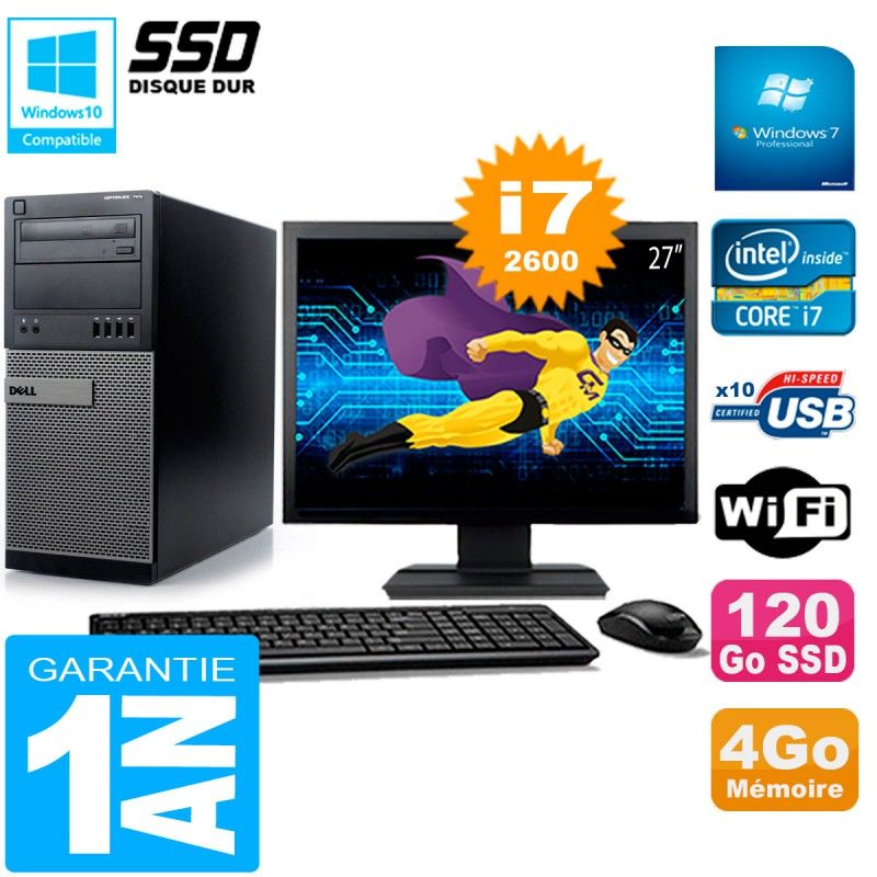 Dell Optiplex 7010 Desktop PC - 27" Screen, Core i7-2600, 4GB RAM, 120GB SSD, WiFi, Windows 7 Pro
