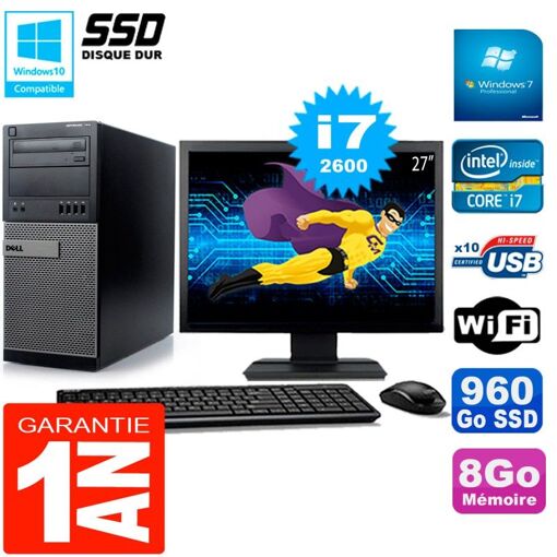 Dell Optiplex 7010 Desktop PC - 27" Screen, Intel Core i7-2600, 8GB RAM, 960GB SSD, WiFi, Windows 7 Pro