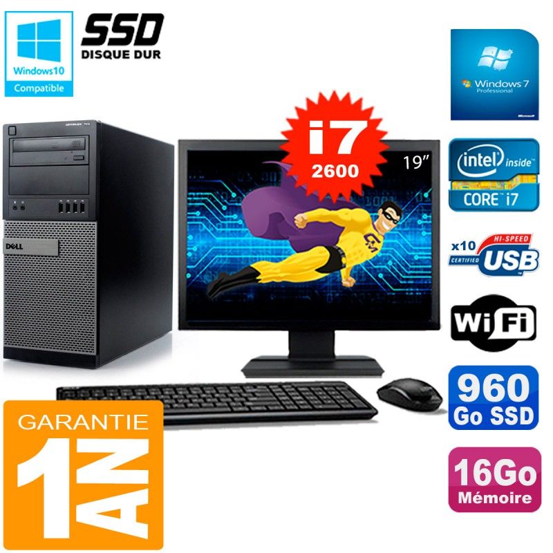 Dell Optiplex 7010 Desktop PC - 19" Screen, Core i7-2600, 16GB RAM, 960GB SSD, WiFi, Windows 7 Pro