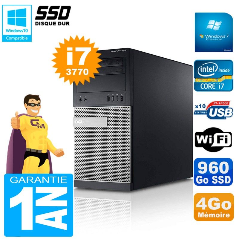 Dell Optiplex 7010 Tower - Intel Core i7-3770, 4GB RAM, 960GB SSD, WiFi, Windows 7 Pro