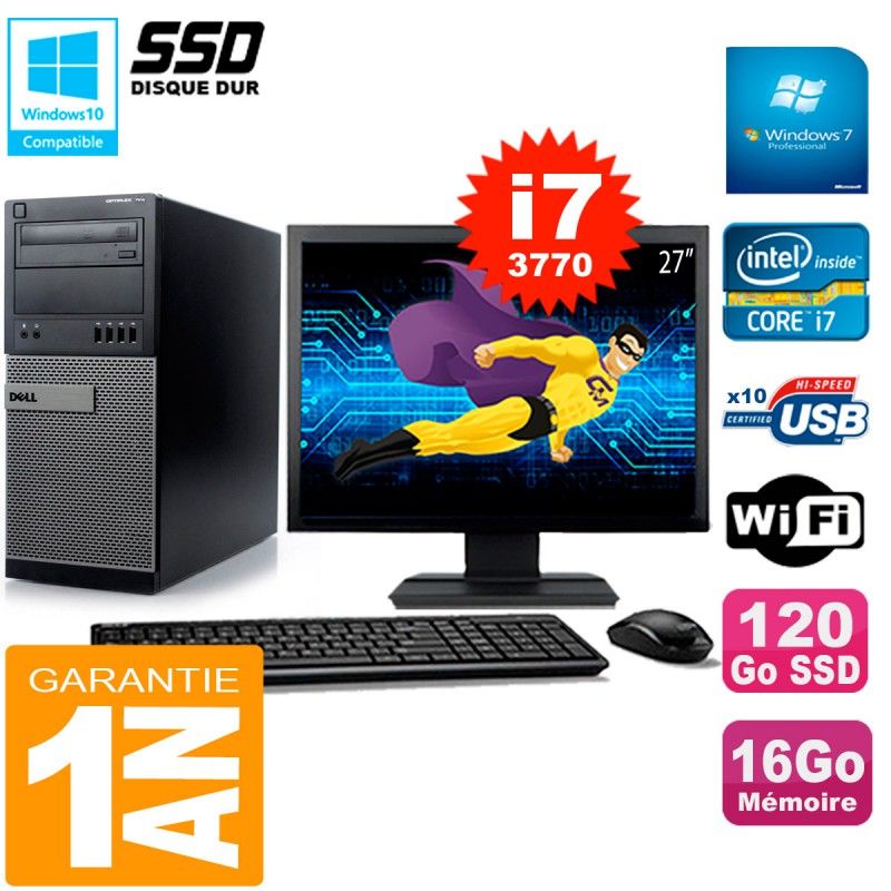 Dell Optiplex 7010 Tower - 27" Screen, Intel Core i7-3770, 16GB RAM, 120GB SSD, WiFi, Windows 7 Pro