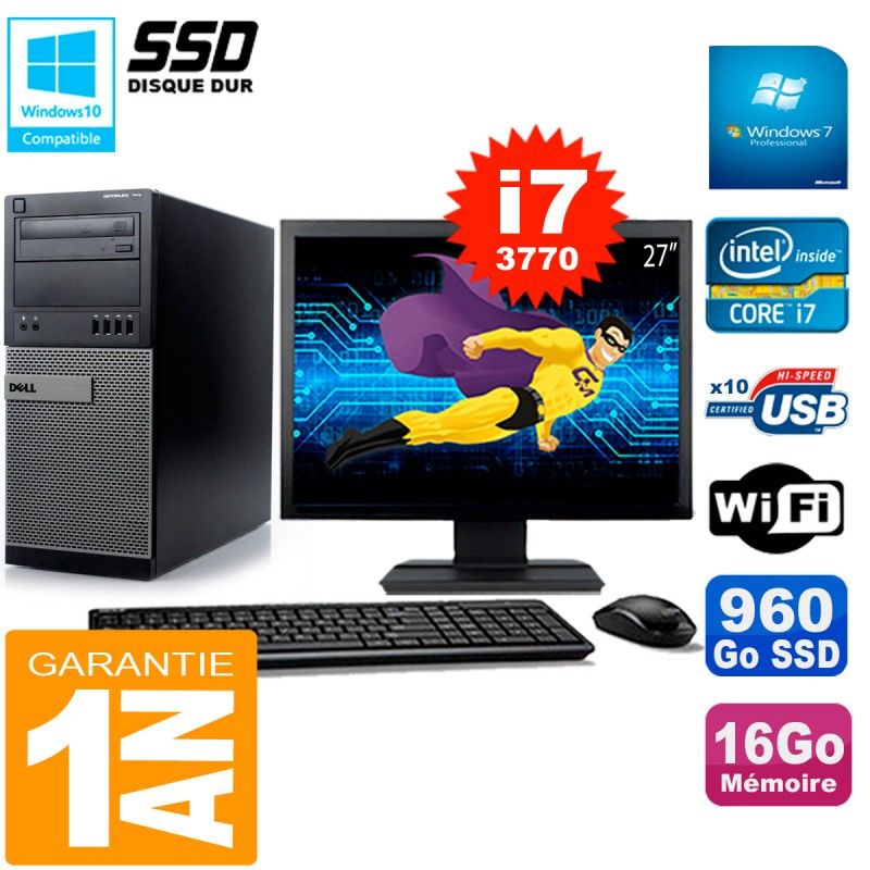 Dell Optiplex 7010 Tower - 27" Screen, Intel Core i7-3770, 16GB RAM, 960GB SSD, WiFi, Windows 7 Pro