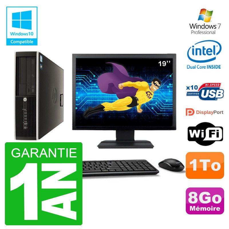 HP Elite 8100 SFF Desktop PC - 19" Screen, Intel Pentium Dual-Core 2.8GHz, 8GB RAM, 1TB HDD, DVD Burner, WiFi, Windows 7 Pro