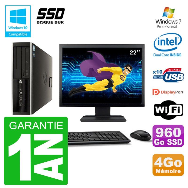 HP Elite 8100 SFF Computer - 22" Screen, Intel Pentium Dual-Core 2.8GHz, 4GB RAM, 960GB SSD, DVD Drive, WiFi, Windows 7 Pro
