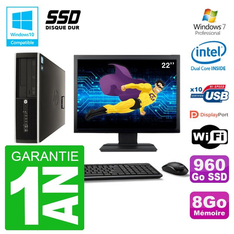 HP Compaq 8100 SFF Desktop PC - 22" Screen, Intel Pentium Dual-Core, 8GB RAM, 960GB SSD, DVD Drive, WiFi, Windows 7 Pro