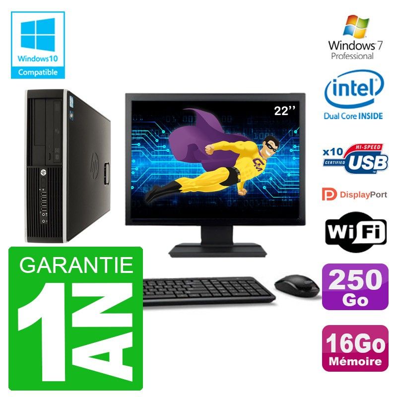 HP Compaq 8100 SFF Desktop PC | 22' Screen | Intel Pentium Dual-Core G6950 | 16GB RAM | 250GB HDD | DVD Drive | WiFi | Windows 7 Pro