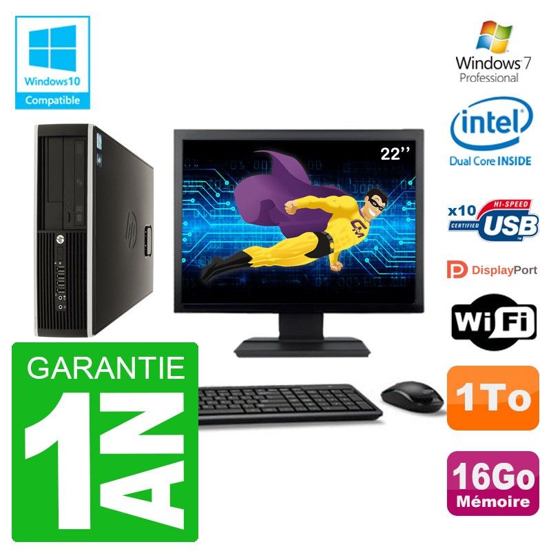 HP Elite 8100 SFF Desktop PC - 22" Screen, Intel Pentium Dual-Core, 16GB RAM, 1TB HDD, DVD Drive, WiFi, Windows 7 Pro