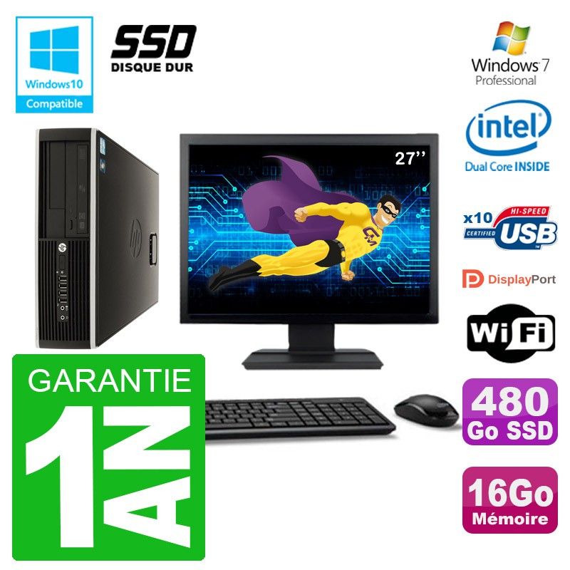 HP Compaq 8100 SFF Desktop PC - 27" Screen, Intel Pentium Dual-Core 2.8GHz, 16GB RAM, 480GB SSD, DVD Drive, Wi-Fi, Windows 7 Pro