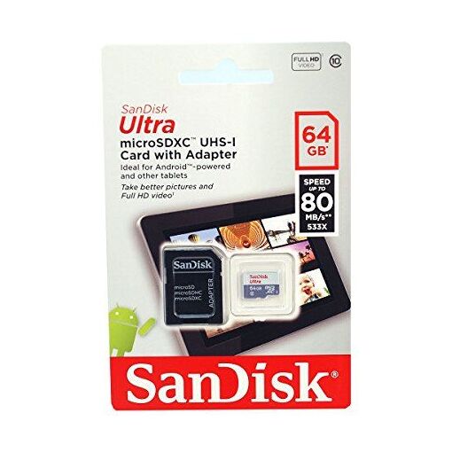 SanDisk Ultra MicroSDXC Card (UHS-I/Class 10) - 64GB with SD Adapter