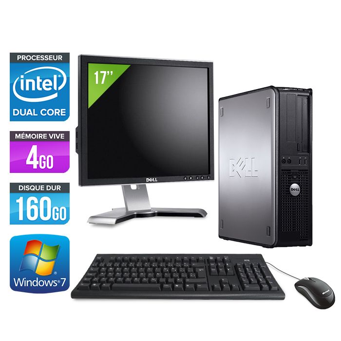 Ordinateur de bureau Dell Optiplex 780 + Écran 17' - Processeur Intel Core Duo E5300 / 2,60 GHz - 4 Go RAM - Disque dur 160 Go - Lecteur DVD - Ethernet Gigabit - Windows 7 Professionnel