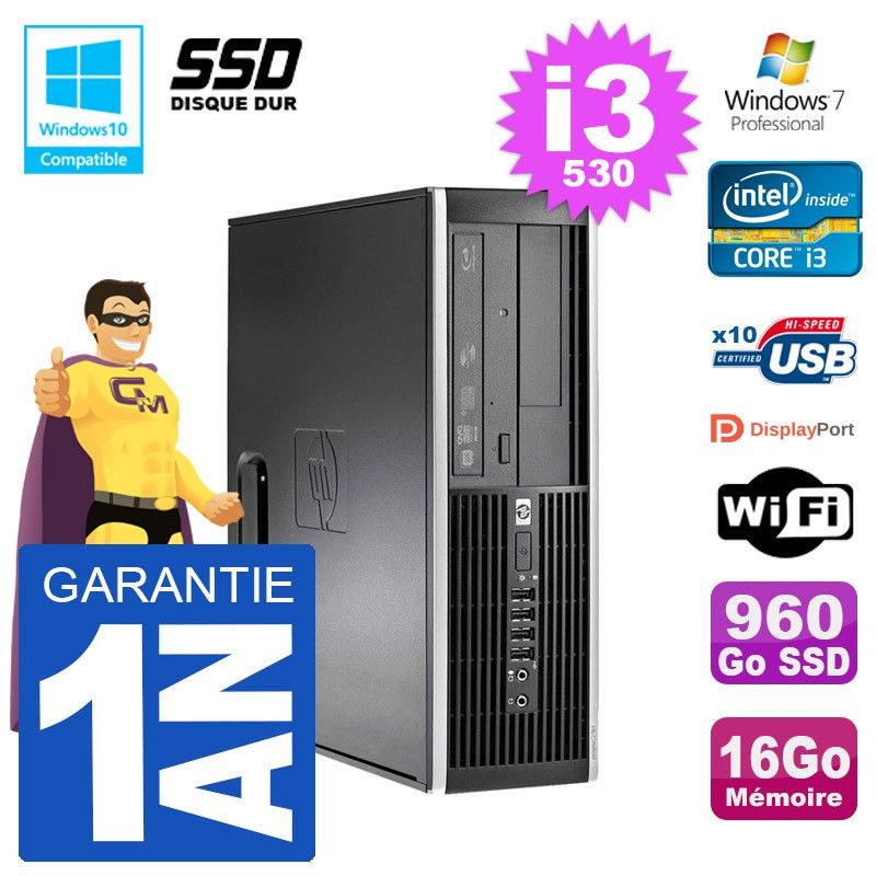 HP Compaq 8100 SFF Desktop Computer - i3-530, 16GB RAM, 960GB SSD, DVD Drive, WiFi, Windows 7 Pro