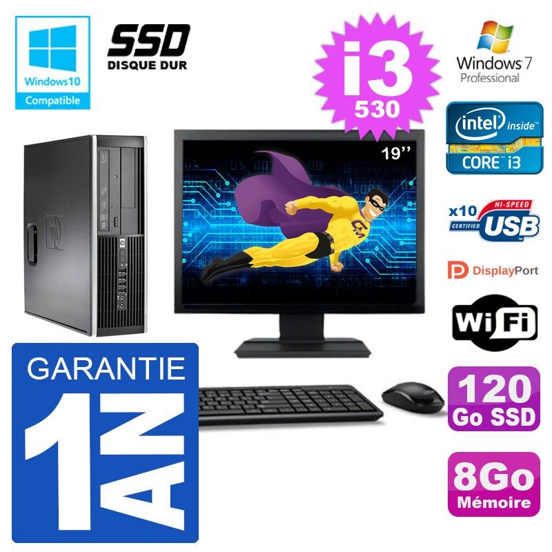 HP Compaq 8100 SFF Desktop PC - 19" Screen, i3-530, 8GB RAM, 120GB SSD, DVD Drive, Wifi, Windows 7 Pro