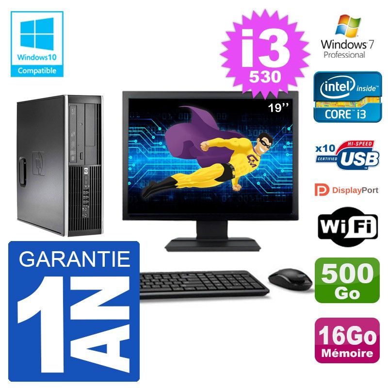 HP Compaq 8100 SFF Desktop PC - 19" Screen, i3-530, 16GB RAM, 500GB HDD, DVD Drive, WiFi, Windows 7 Pro