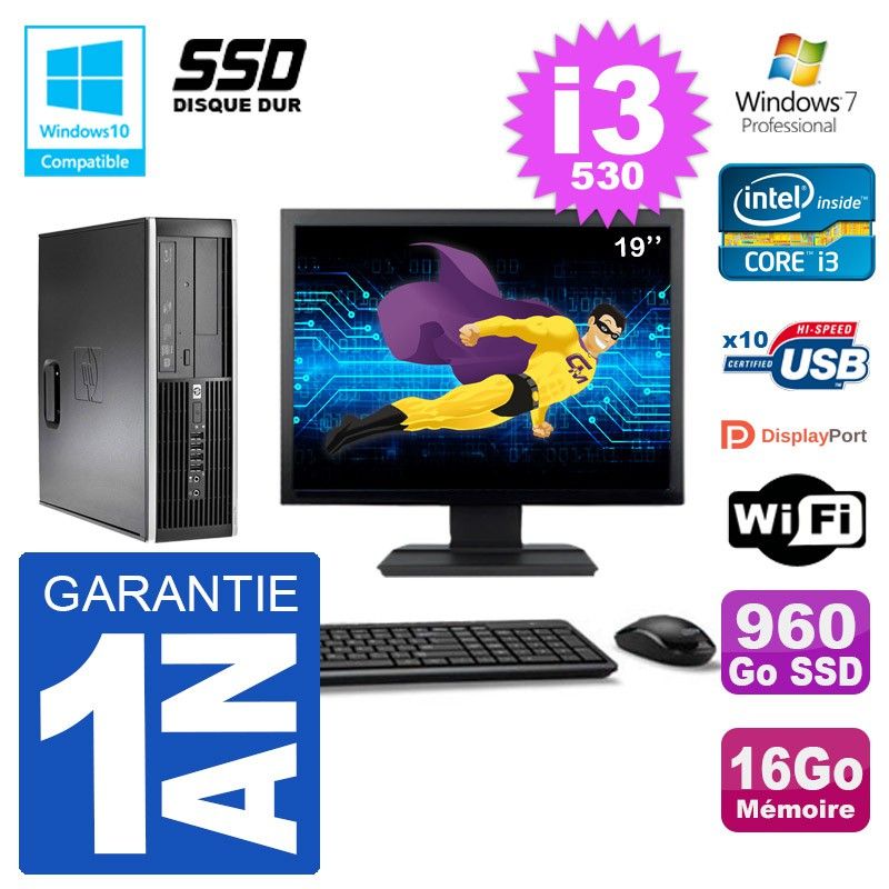 HP Compaq 8100 SFF Desktop PC - 19" Screen, i3-530, 16GB RAM, 960GB SSD, DVD Drive, WiFi, Windows 7 Pro