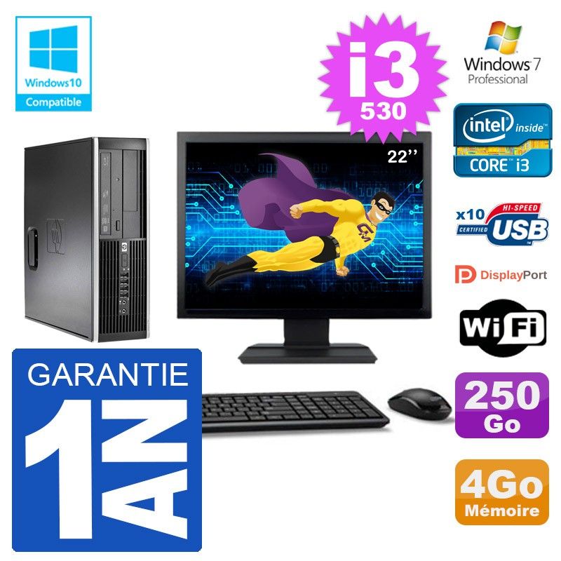 HP Elite 8100 SFF PC - 22" Screen, i3-530, 4GB RAM, 250GB HDD, DVD Burner, WiFi, Windows 7 Pro