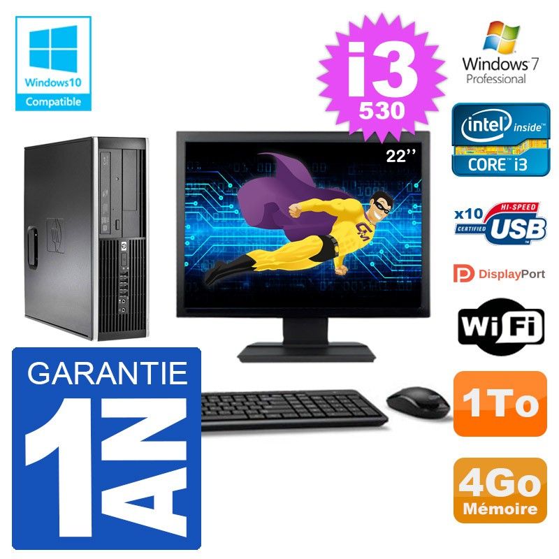 HP Compaq 8100 SFF Desktop PC | 22" Screen | i3-530 | 4GB RAM | 1TB HDD | DVD Drive | WiFi | Windows 7 Pro