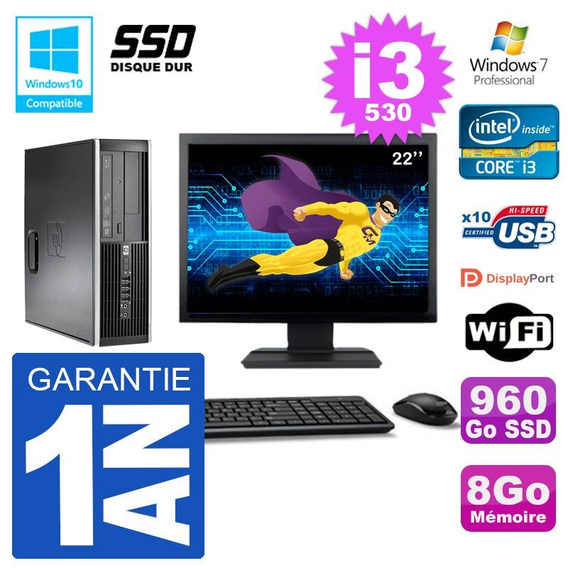HP Compaq 8100 SFF Desktop PC - 22" Screen, i3-530, 8GB RAM, 960GB SSD, DVD Drive, WiFi, Windows 7 Pro