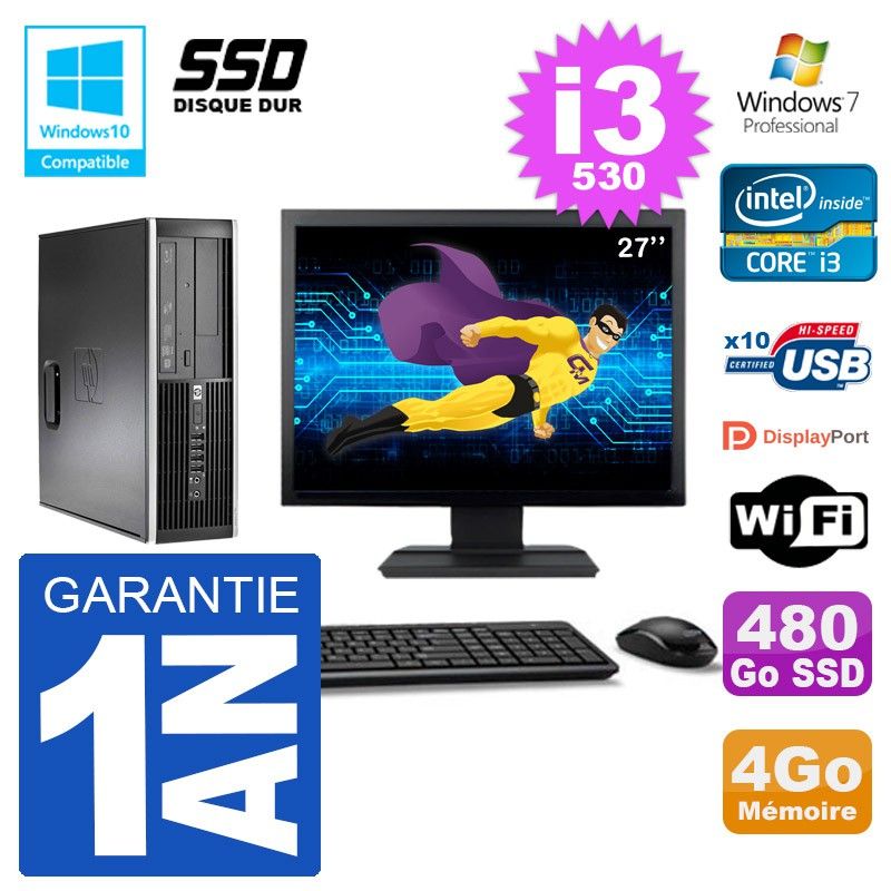 HP Compaq 8100 SFF Desktop PC | 27" Screen | i3-530 | 4GB RAM | 480GB SSD | DVD Drive | Wifi | Windows 7 Pro
