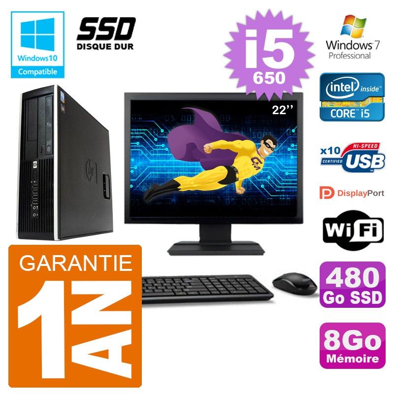 HP Compaq 8100 SFF Desktop Computer, 22" Screen, i5-650 Processor, 8GB RAM, 480GB SSD, DVD Drive, Wifi, Windows 7 Pro